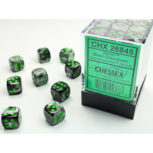 Chessex: Gemini 12mm D6 Black-Grey/Green (x36)