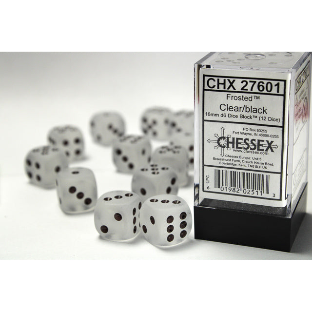 Chessex: Frosted 16mm D6 Clear/Black (x12)