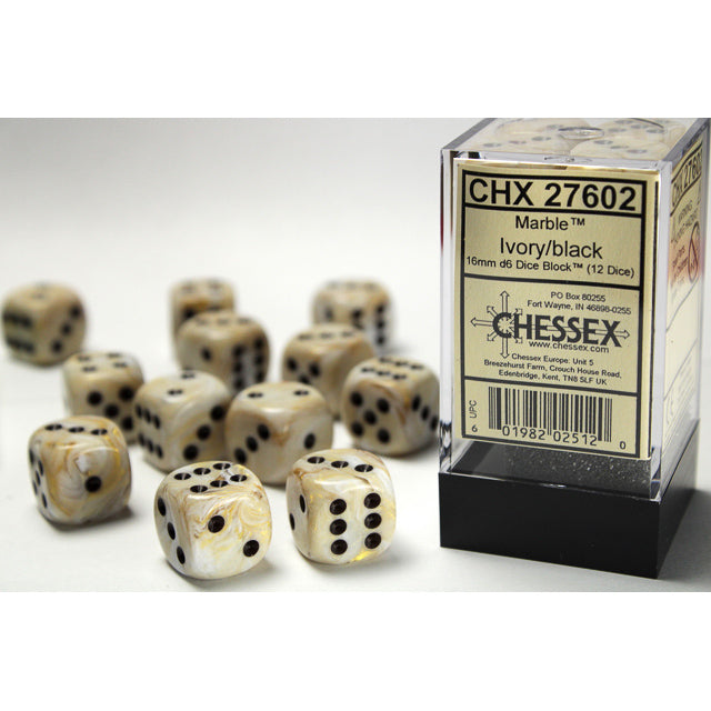 Chessex: Marble 16mm D6 Ivory/Black (x12)