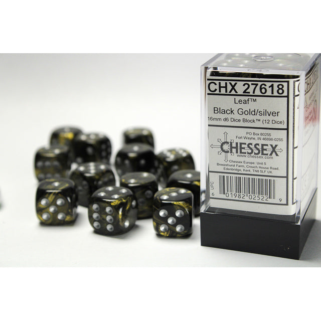 Chessex: Leaf 16mm D6 Black Gold/Silver (x12)