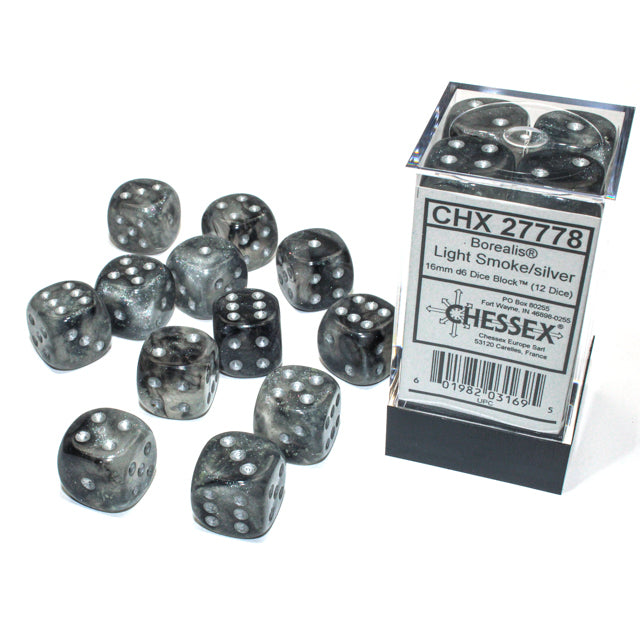 Chessex: Borealis 16mm D6 Light Smoke/silver Luminary (x12)