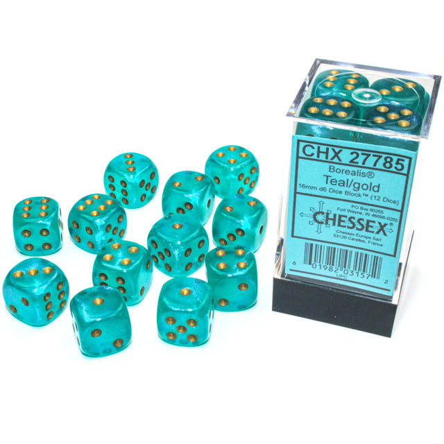 Chessex: Borealis 16mm D6 Teal/Gold Luminary (x12)