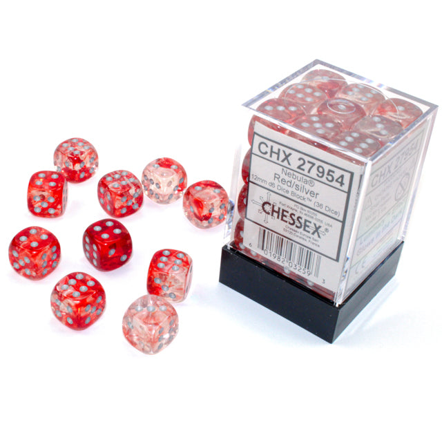 Chessex: Nebula Red/silver Luminary 12mm D6 (x36)