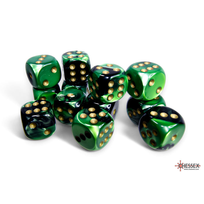 Chessex: Gemini 16mm D6 Black-Green/Gold (x12)