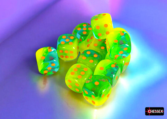 Chessex: Gemini 16mm D6 Plasma Green-Teal/Orange Luminary (x12)