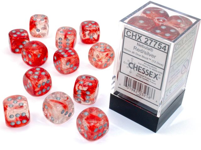 Chessex: Nebula 16mm D6 Red/Silver Luminary (x12)