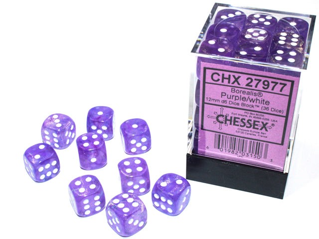 Chessex: Borealis 12mm D6 Purple/White Luminary (x36)