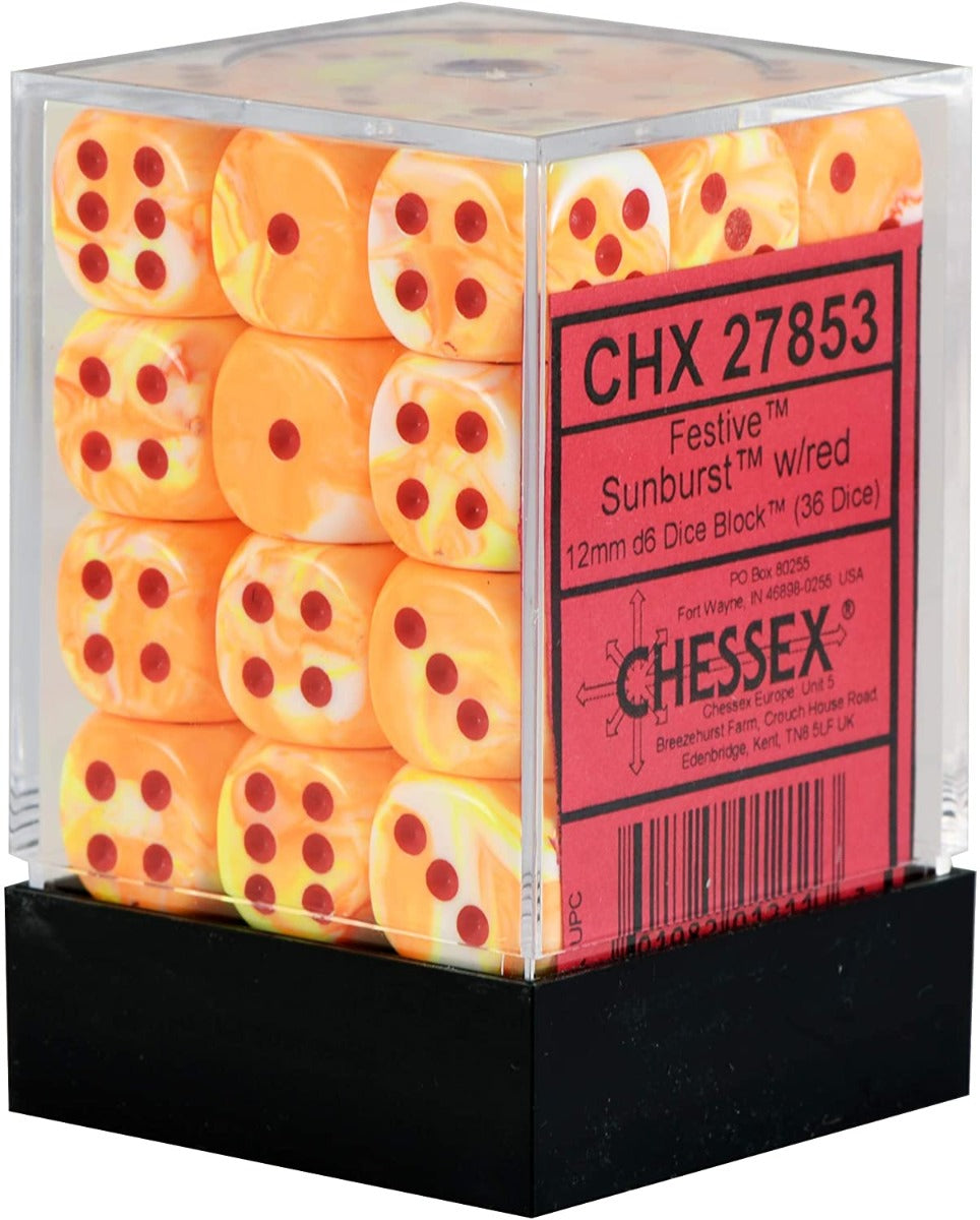 Chessex: Festive 12mm D6 Sunburst/Red (x36)