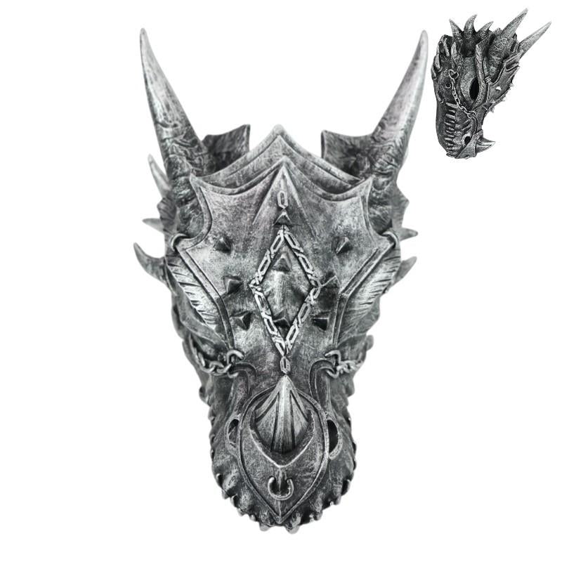 Antique Silver Armoured Dragon Skull 21cm