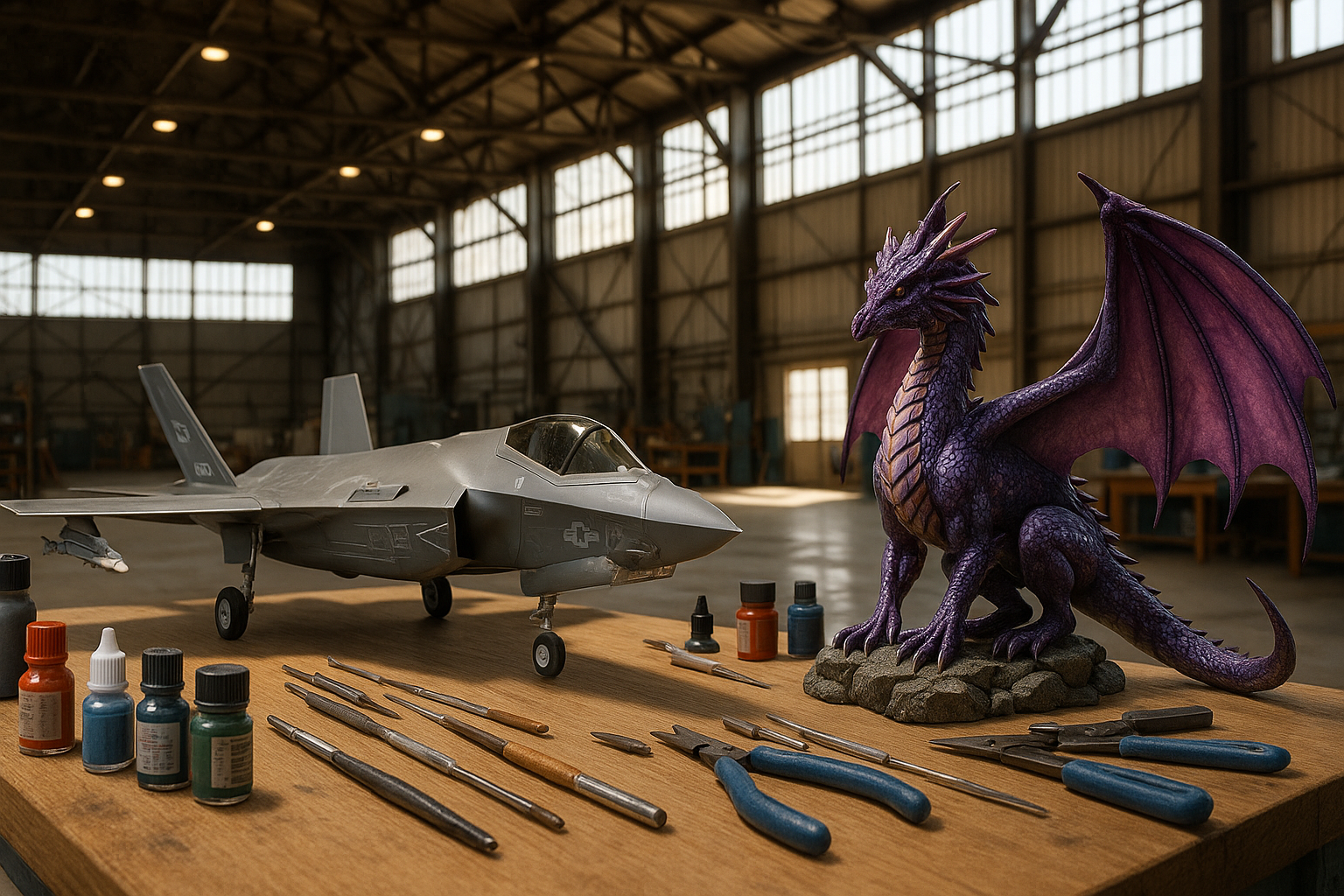 a hobby space which includes an f-35, a purple dragon and a aircraft hangar