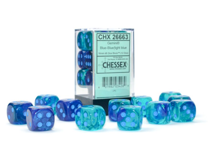 Chessex: Gemini 16mm D6 Blue-Blue/Light Blue Luminary (x12)