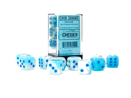 Chessex: Gemini 16mm D6 Pearl Turquoise-White/Blue Luminary (x12)
