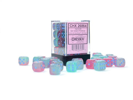 Chessex: Gemini 12mm D6 Gel Green-Pink/Blue Luminary (x36)