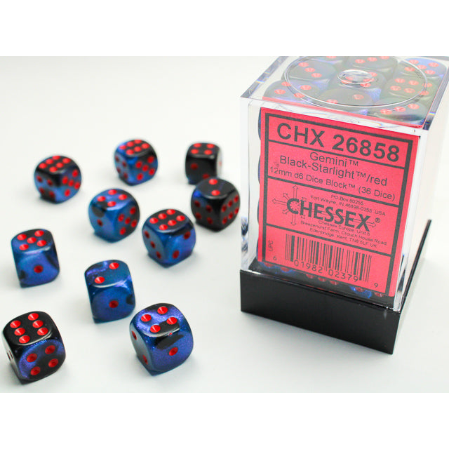 Chessex: Gemini 12mm D6 Black-Starlight/Red (x36)