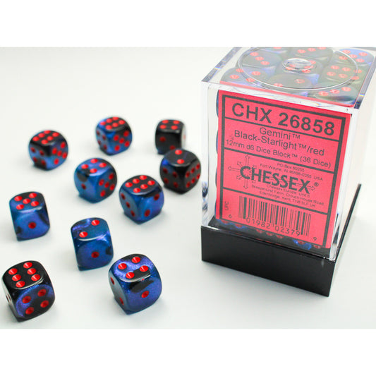 Chessex: Gemini 12mm D6 Black-Starlight/Red (x36)