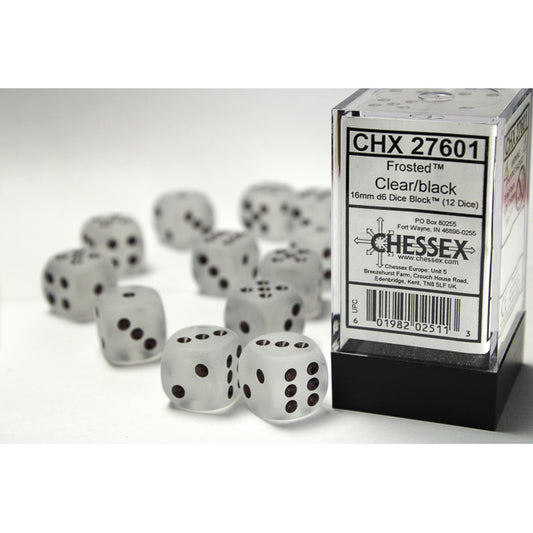 Chessex: Frosted 16mm D6 Clear/Black (x12)