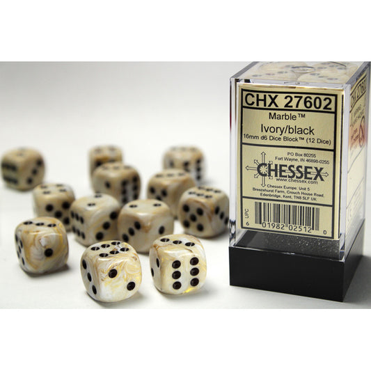 Chessex: Marble 16mm D6 Ivory/Black (x12)