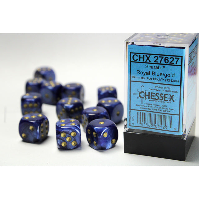 Chessex: Scarab 16mm D6 Royal Blue/Gold (x12)