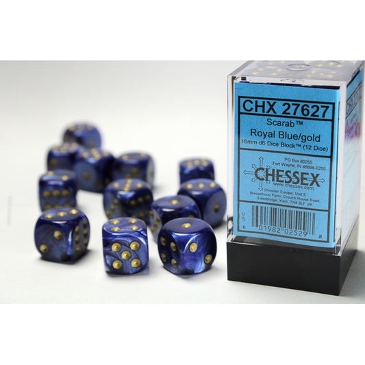 Chessex: Scarab 16mm D6 Royal Blue/Gold (x12)
