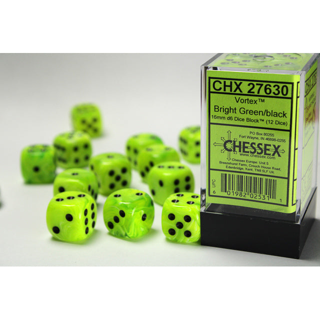 Chessex: Vortex 16mm D6 Bright Green/Black (x12)