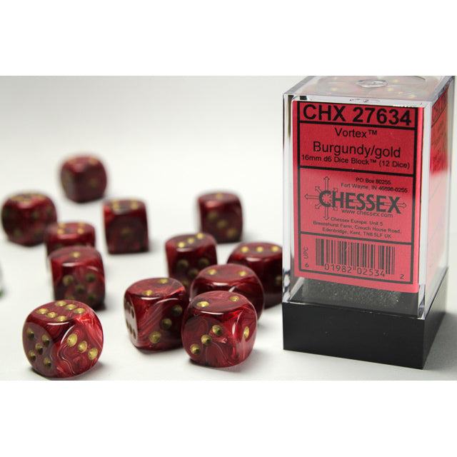 Chessex: Vortex 16mm D6 Burgundy/Gold (x12)