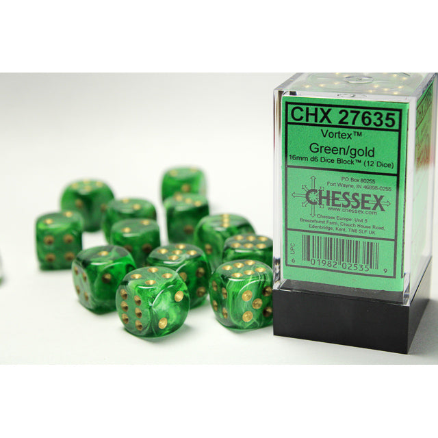Chessex: Vortex 16mm D6 Green/Gold (x12)
