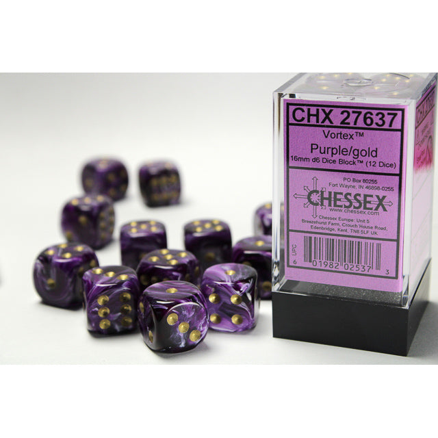 Chessex: Vortex 16mm D6 Purple/Gold (x12)
