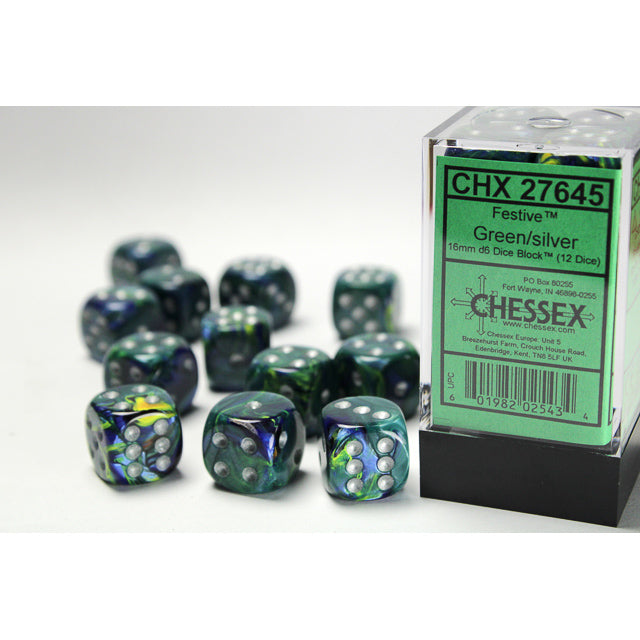 Chessex: Festive 16mm D6 Green/Silver (x12)