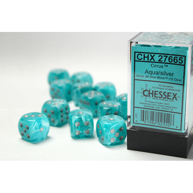 Chessex: Cirrus 16mm D6 Aqua/Silver (x12)