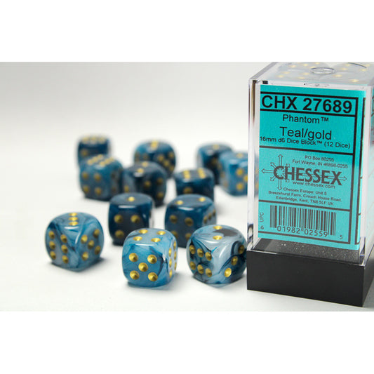 Chessex: Phantom 16mm D6 Teal/Gold (x12)