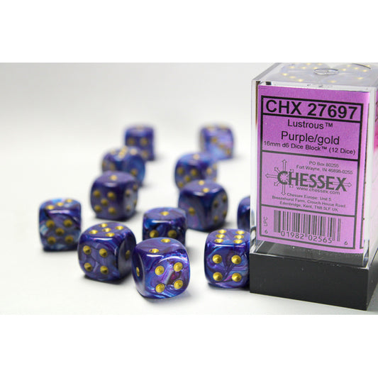 Chessex: Lustrous 16mm D6 Purple/Gold (x12)
