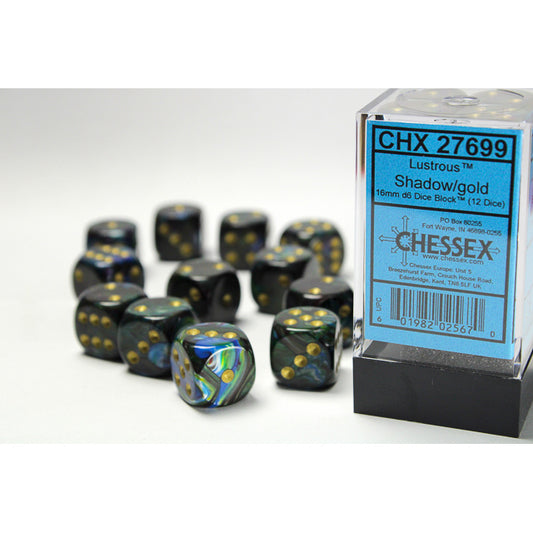Chessex: Lustrous 16mm D6 Shadow/Gold (x12)