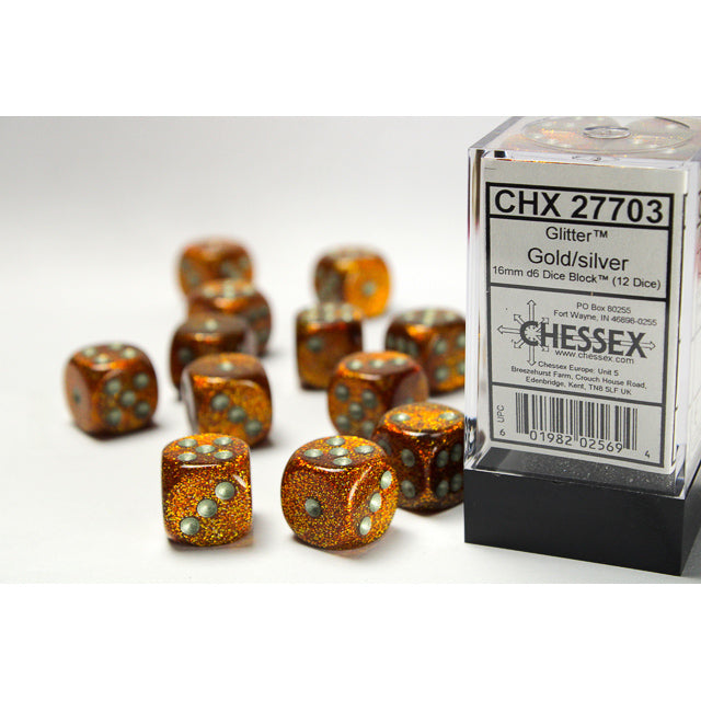 Chessex: Glitter 16mm D6 Gold/Silver (x12)