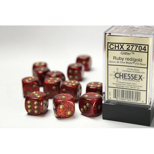 Chessex: Glitter 16mm D6 Ruby/Gold (x12)