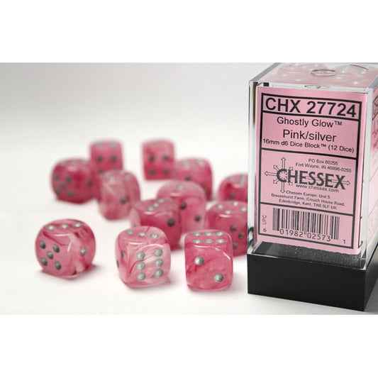 Chessex: Ghostly Glow 16mm D6 Pink/Silver  (x12)