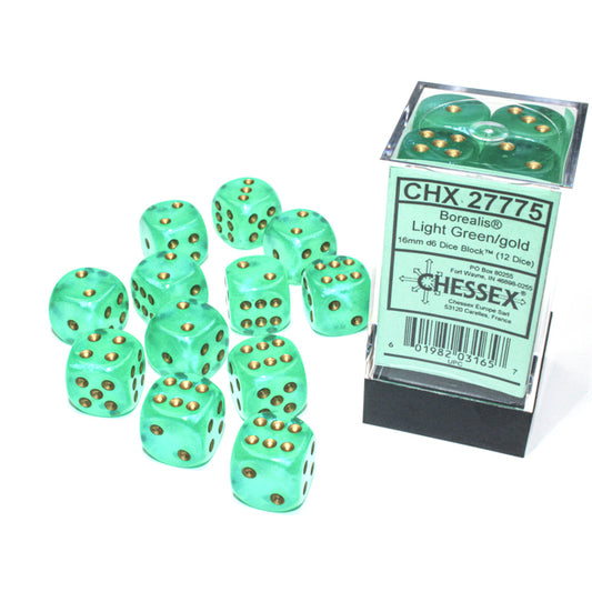 Chessex: Borealis 16mm D6 Light Green/gold Luminary (x12)
