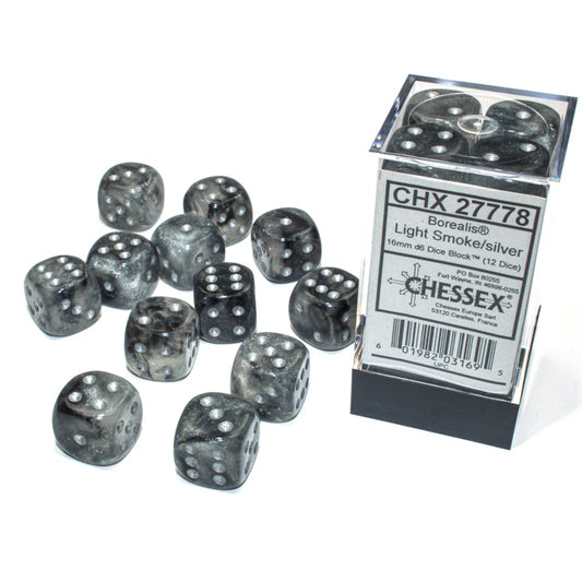 Chessex: Borealis 16mm D6 Light Smoke/silver Luminary (x12)