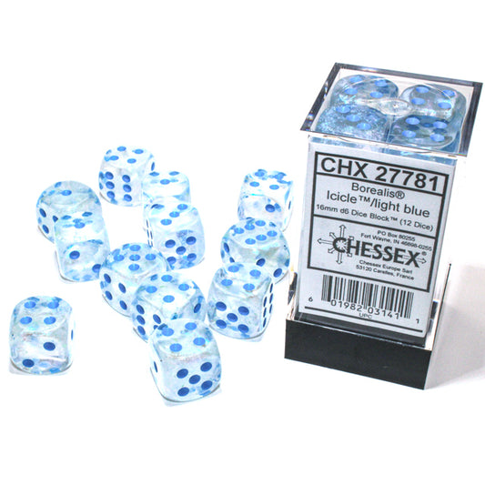 Chessex: Borealis 16mm D6 Icicle/Light Blue Luminary (x12)