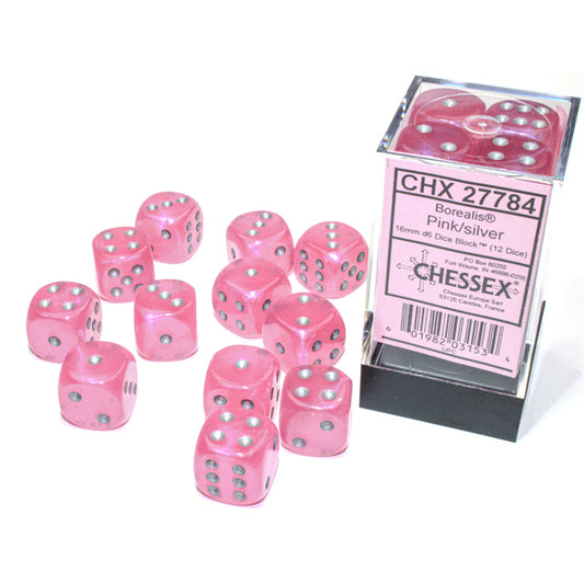 Chessex: Borealis 16mm D6 Pink/Silver Luminary (x12)
