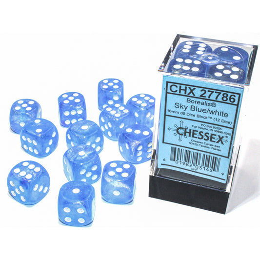Chessex: Borealis 16mm D6 Sky Blue/White Luminary (x12)