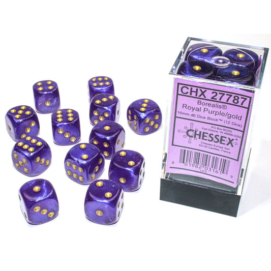 Chessex: Borealis 16mm D6 Royal Purple/Gold Luminary (x12)