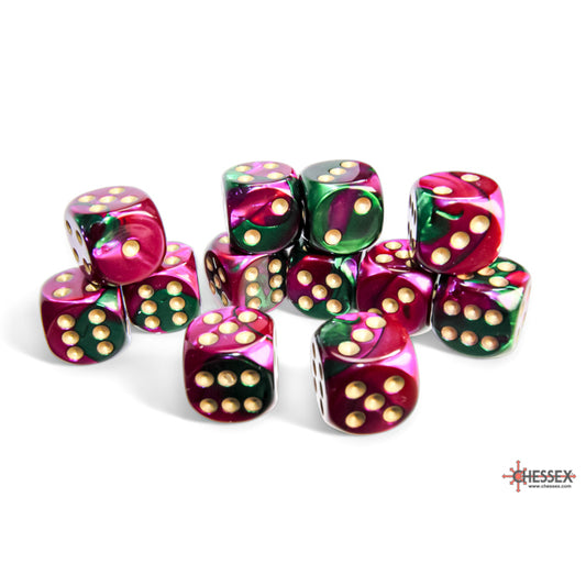 Chessex: Gemini 16mm D6 Green-Purple/Gold (x12)