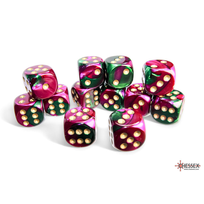 Chessex: Gemini 16mm D6 Green-Purple/Gold (x12)