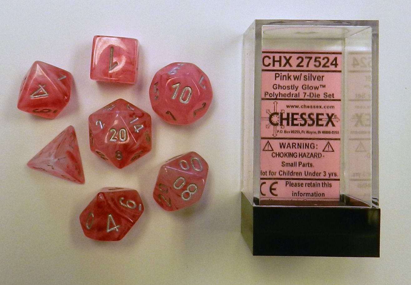 Chessex: Ghostly Glow Polyhedral Pink/Silver 7-Die Set