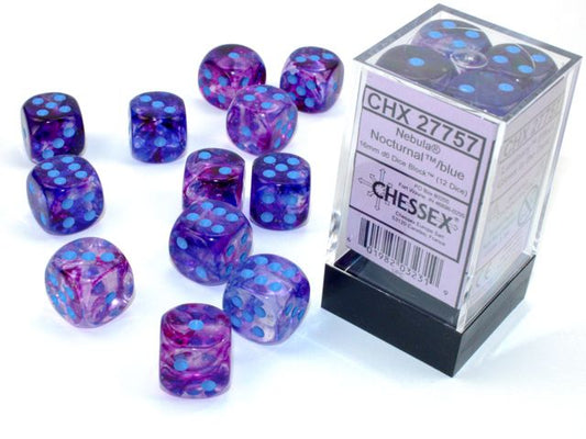 Chessex: Nebula 16mm D6 Nocturnal/Blue Luminary (x12)