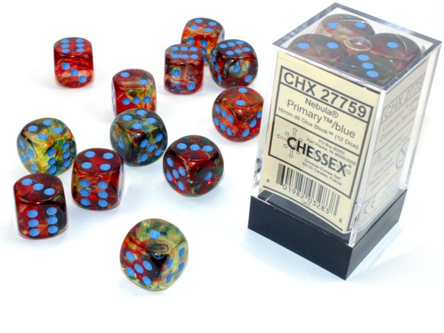 Chessex: Nebula 16mm D6 Primary/Blue Luminary (x12)