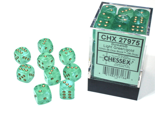 Chessex: Borealis 12mm D6 Light Green/Gold (x36)
