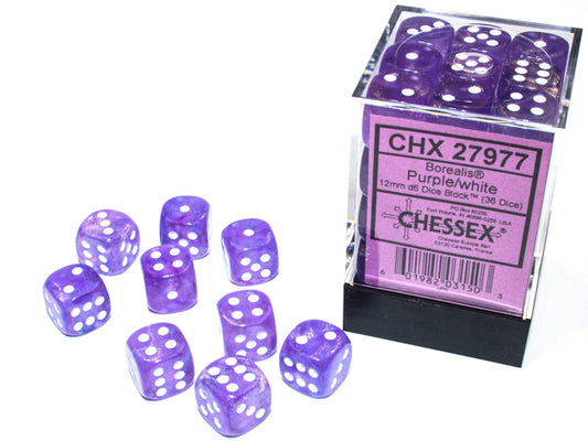 Chessex: Borealis 12mm D6 Purple/White Luminary (x36)