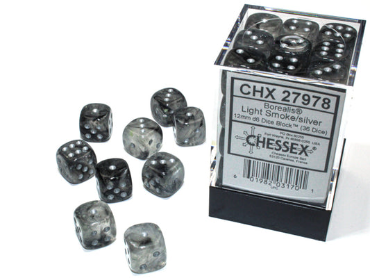 Chessex: Borealis 12mm D6 Light Smoke/Silver Luminary (x36)