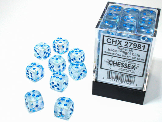 Chessex: Borealis 12mm D6 Icicle/Light Blue Luminary (x36)